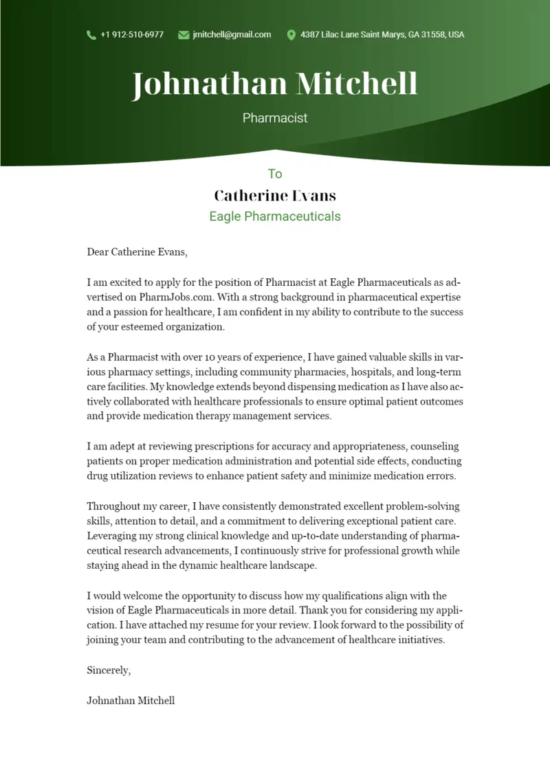 Pharmacist cover letter