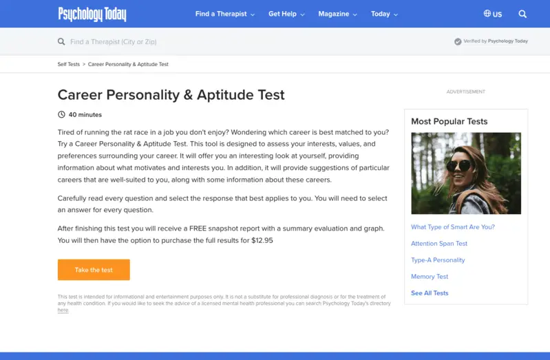 Career test from Psychology Today